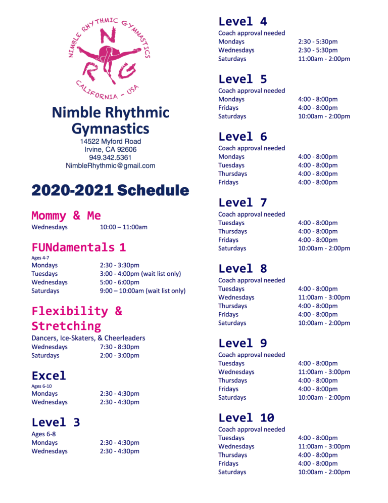 Schedule – Nimble Rhythmic Gymnastics
